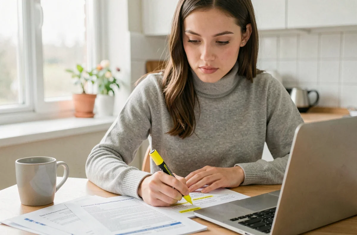 Jeune femme à domicile surlignant des dates clés sur ses documents d'ancienneté professionnelle