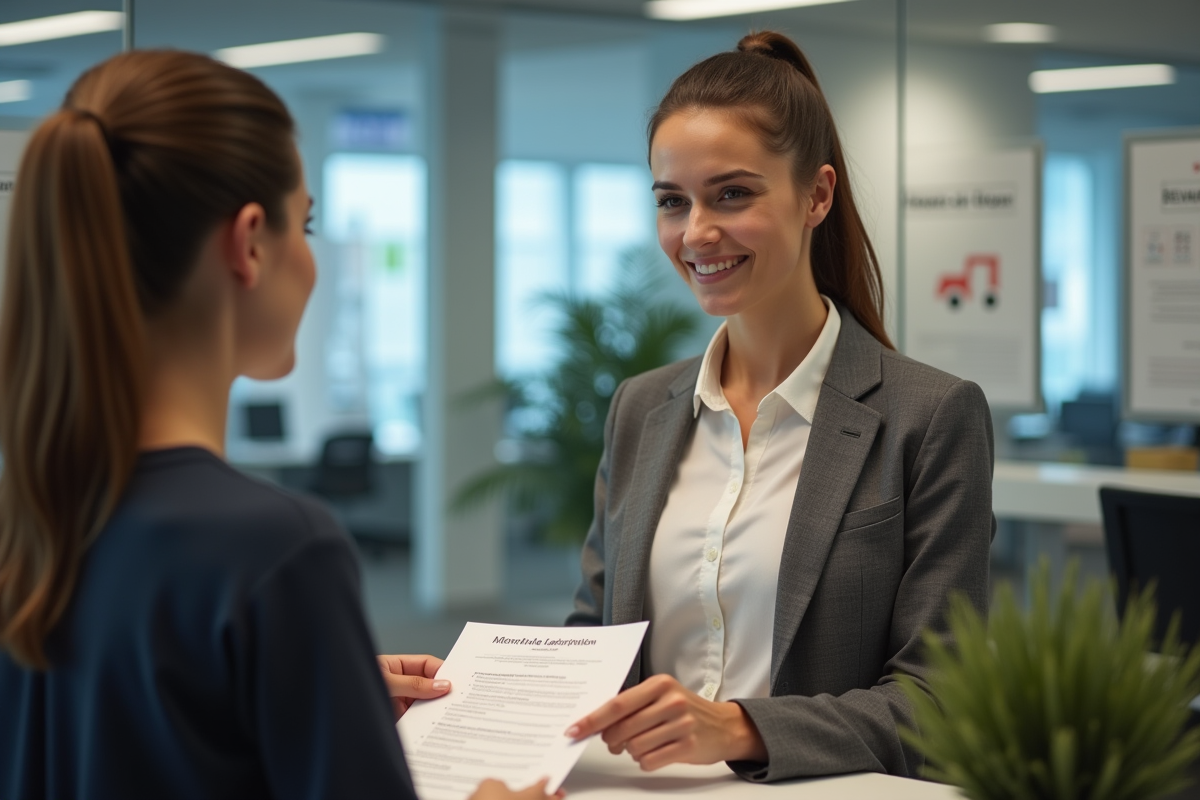 Jeune femme remettant un formulaire au bureau