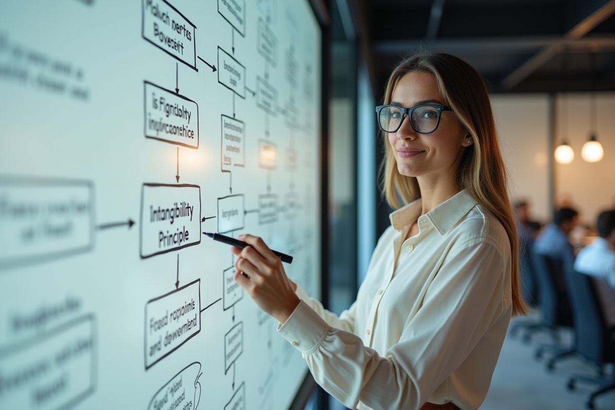Jeune femme expliquant un principe avec un diagramme dans une salle moderne