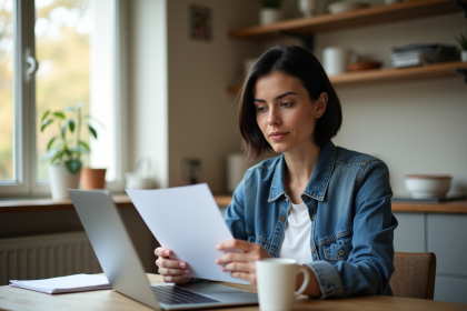 Femme lisant une lettre dans une cuisine lumineuse
