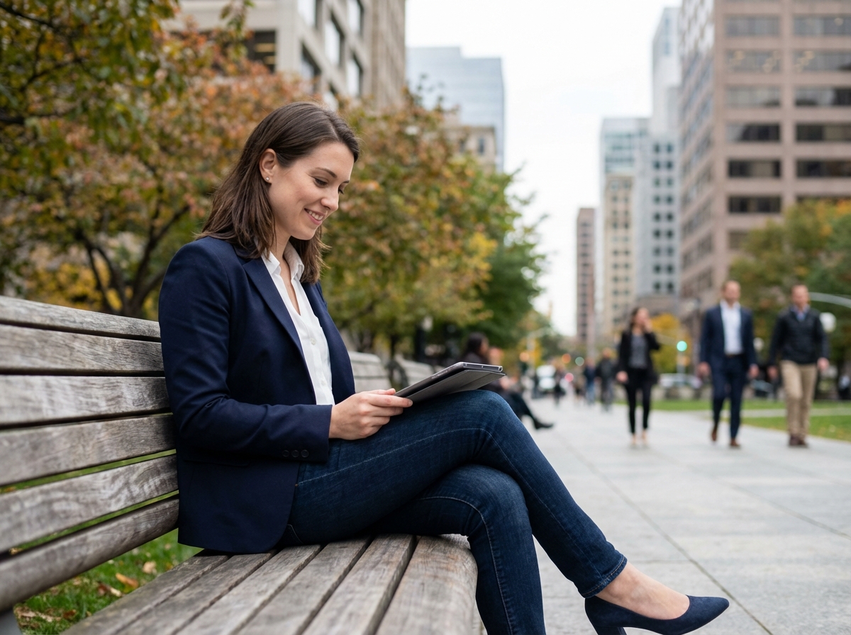 Jeune femme lisant sur un banc dans un parc urbain