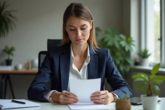 Femme en costume assise avec carte de condoleance