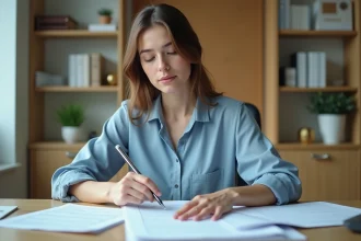 Jeune femme organisant des papiers dans un bureau lumineux