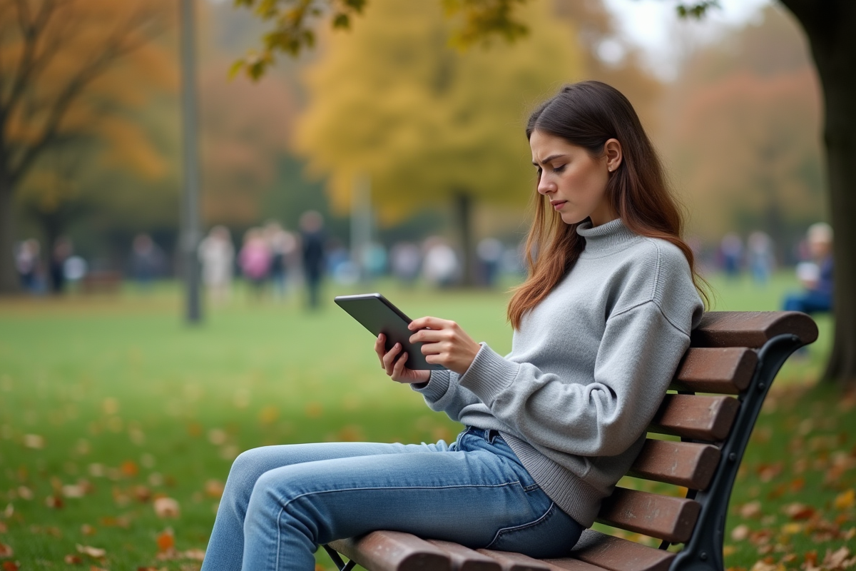 Jeune femme assise sur un banc dans un parc urbain