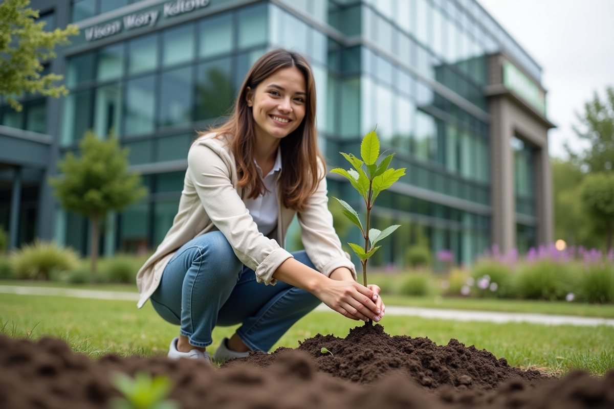 Jeune femme plantant un arbre en extérieur