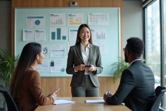 Femme en costume présentant des stratégies marketing à ses collègues