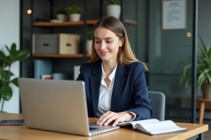 Femme professionnelle regardant le site Douane Pro sur son ordinateur