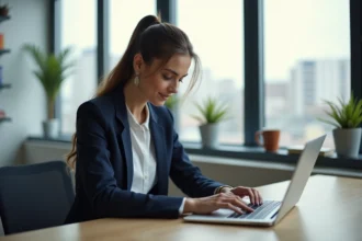 Femme professionnelle utilisant LinkedIn sur ordinateur portable pour optimiser son profil avec du texte en gras