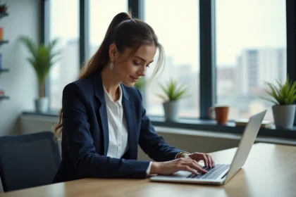 Femme professionnelle utilisant LinkedIn sur ordinateur portable pour optimiser son profil avec du texte en gras