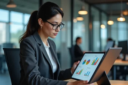 Femme professionnelle utilisant l'application Strator Neo sur tablette dans un bureau moderne