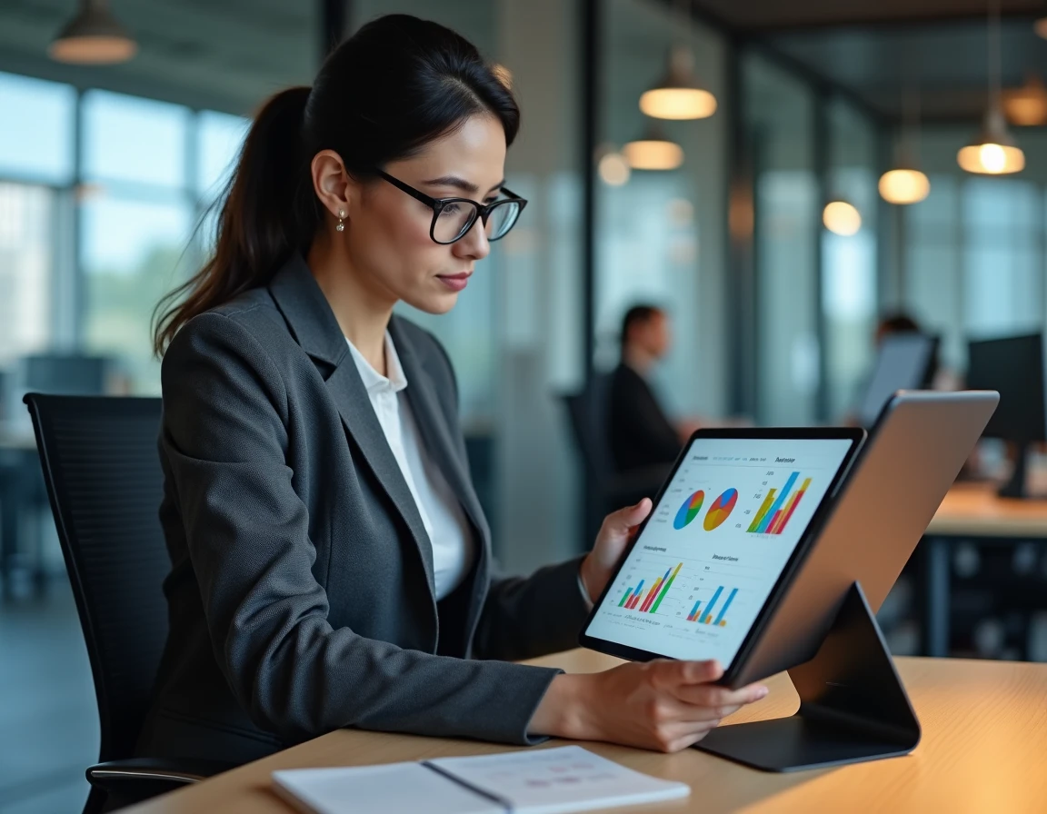 Femme professionnelle utilisant l'application Strator Neo sur tablette dans un bureau moderne