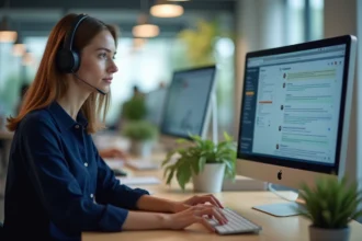 Jeune femme en visioconference au bureau