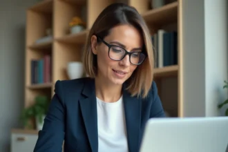 Femme professionnelle consultant une offre d'emploi notaire sur un ordinateur portable dans un bureau à domicile moderne
