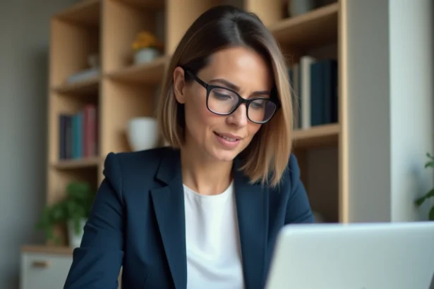 Femme professionnelle consultant une offre d'emploi notaire sur un ordinateur portable dans un bureau à domicile moderne