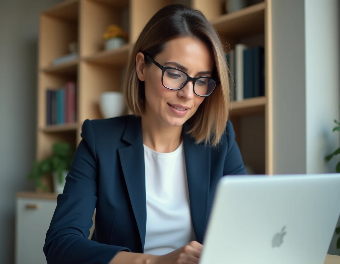 Femme professionnelle consultant une offre d'emploi notaire sur un ordinateur portable dans un bureau à domicile moderne