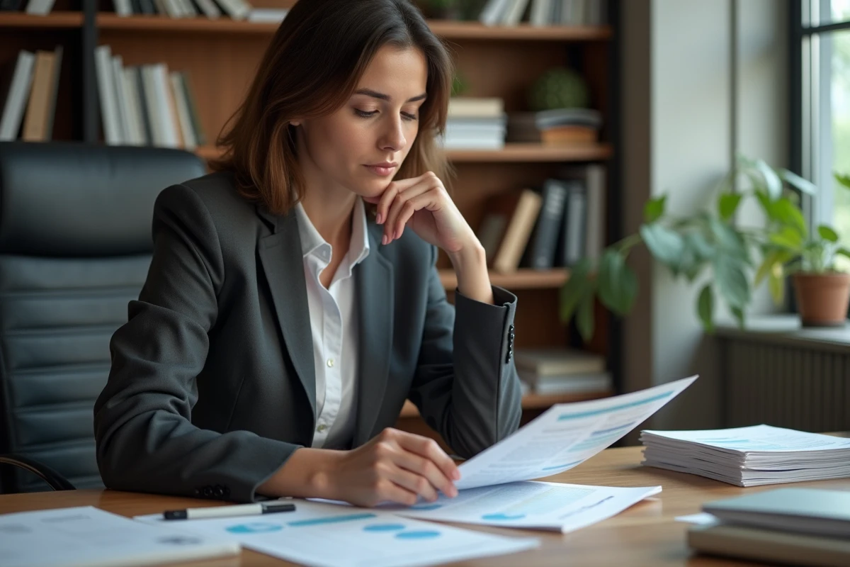 Femme en tenue professionnelle examine des tableaux salaires