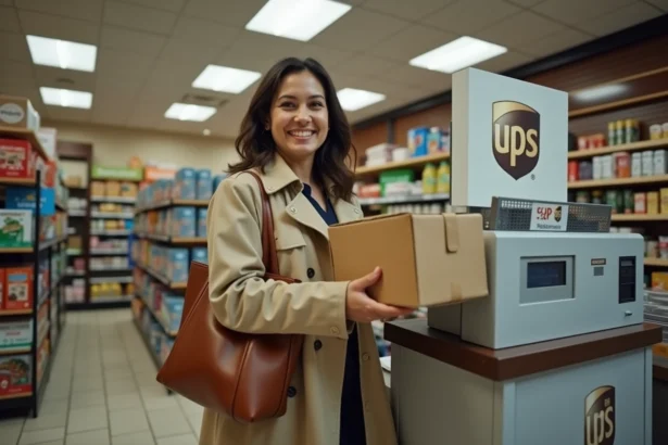 Femme souriante récupérant un colis UPS dans un point relais en commerce de proximité