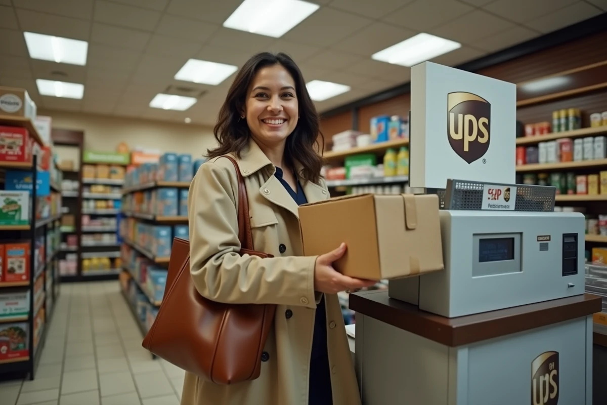 Femme souriante récupérant un colis UPS dans un point relais en commerce de proximité
