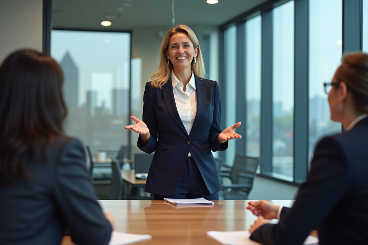 Femme en costume navy lors d'une réunion d'équipe en entreprise