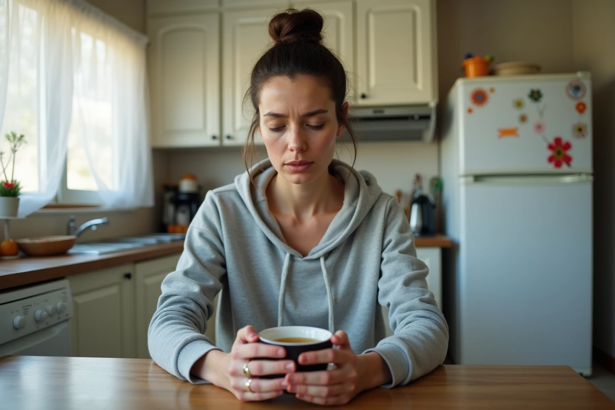 Femme seule à la maison en Australie attendant le retour de son conjoint mineur, symbolisant l'impact social et émotionnel du travail FIFO sur les familles