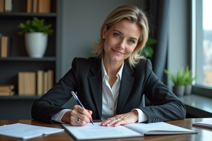 Femme d affaires signant un document officiel dans un bureau moderne