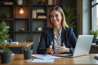 Femme professionnelle expliquant une strategie de contenu au bureau
