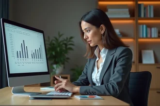 Femme en costume d'affaires analysant une strategie sur un ordinateur