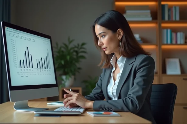 Femme en costume d'affaires analysant une strategie sur un ordinateur