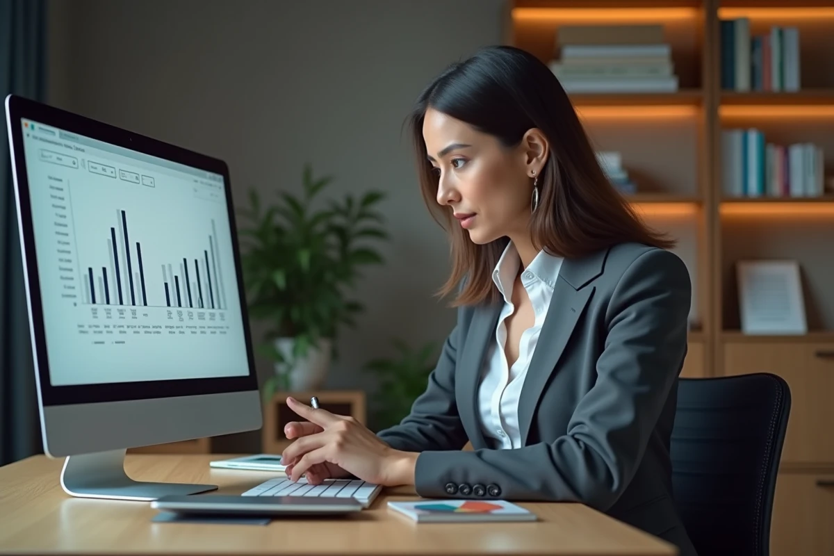 Femme en costume d'affaires analysant une strategie sur un ordinateur