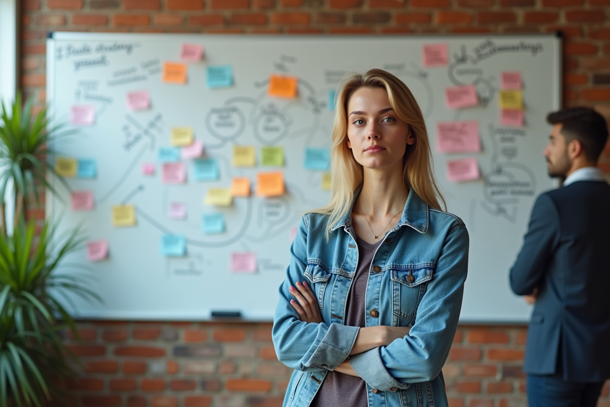 Jeune femme devant whiteboard avec diagrammes ratés