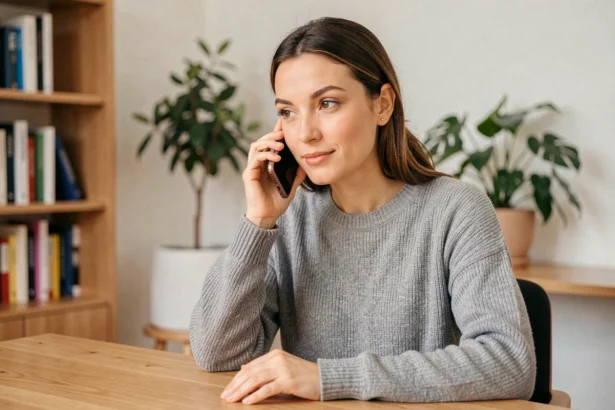 Femme utilisant son téléphone pour contacter le service client de Backmarket depuis son bureau à domicile