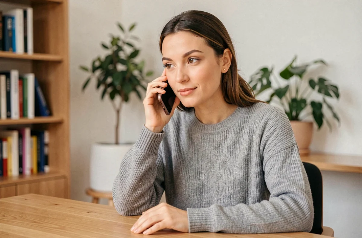 Femme utilisant son téléphone pour contacter le service client de Backmarket depuis son bureau à domicile