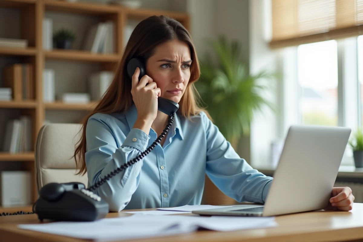 Femme au téléphone fixe cherchant à contacter le service client UPS depuis son bureau à domicile