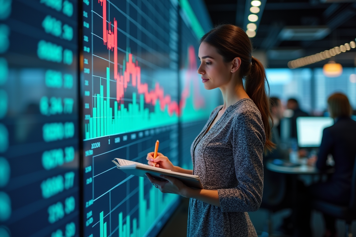 Jeune femme professionnelle observant le tableau boursier