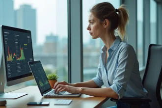 Femme concentrée analysant des données sur un ordinateur dans un bureau moderne