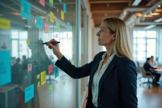 Femme d'affaires écrivant dans un bureau moderne avec diagrammes