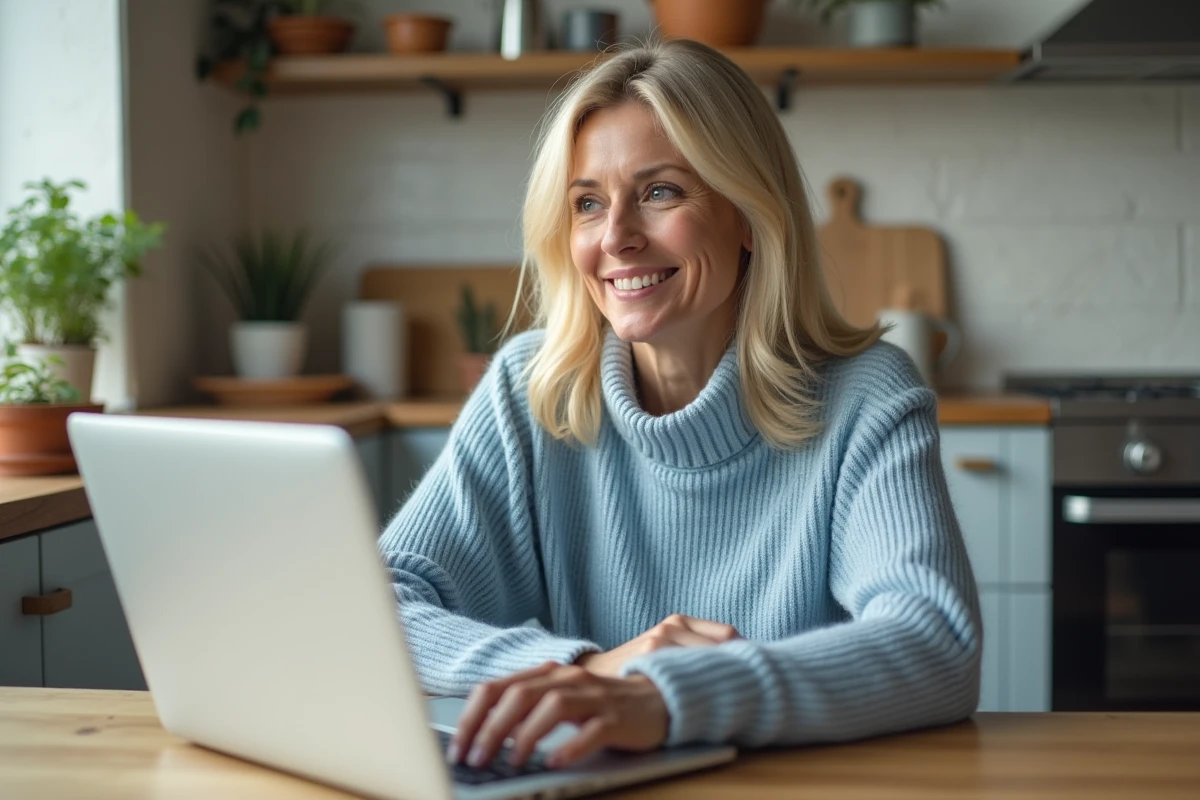 Femme concentrée travaillant sur son ordinateur dans la cuisine