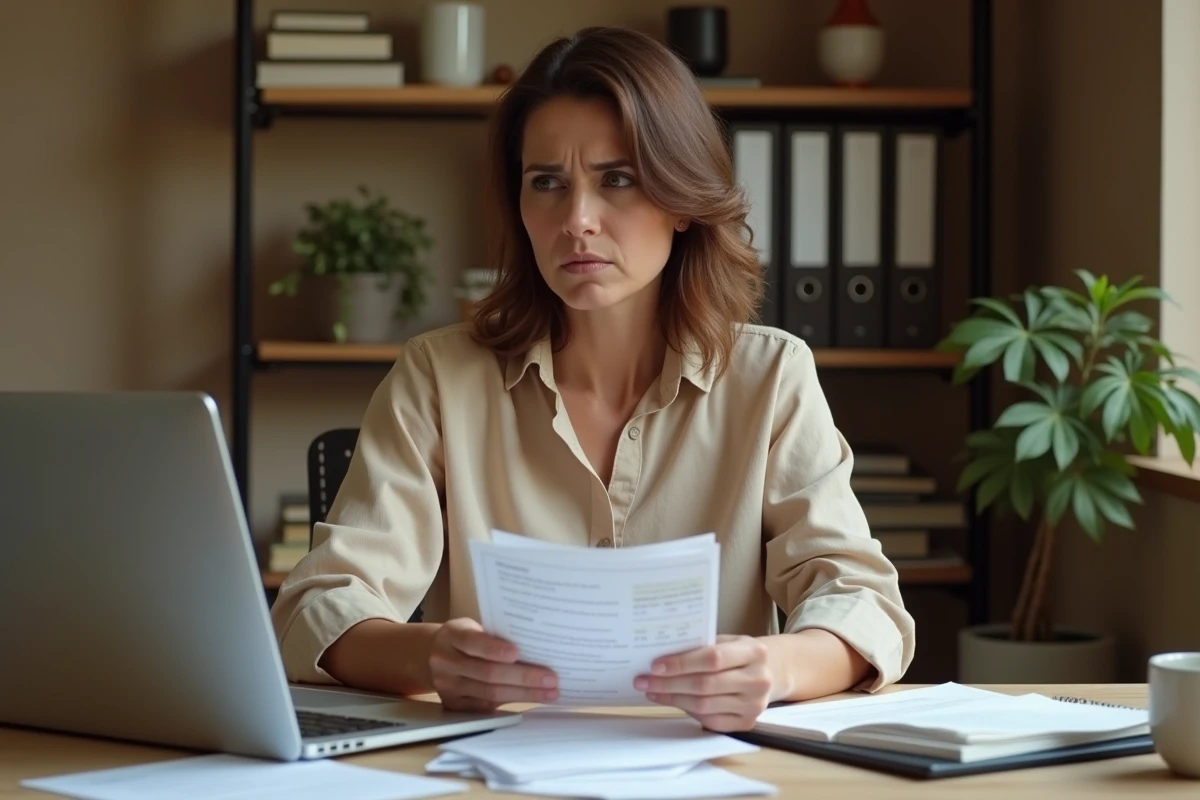 Femme consultant ses fiches de paie et un calendrier pour planifier ses congés payés et vérifier sa gestion de la paie à La Poste