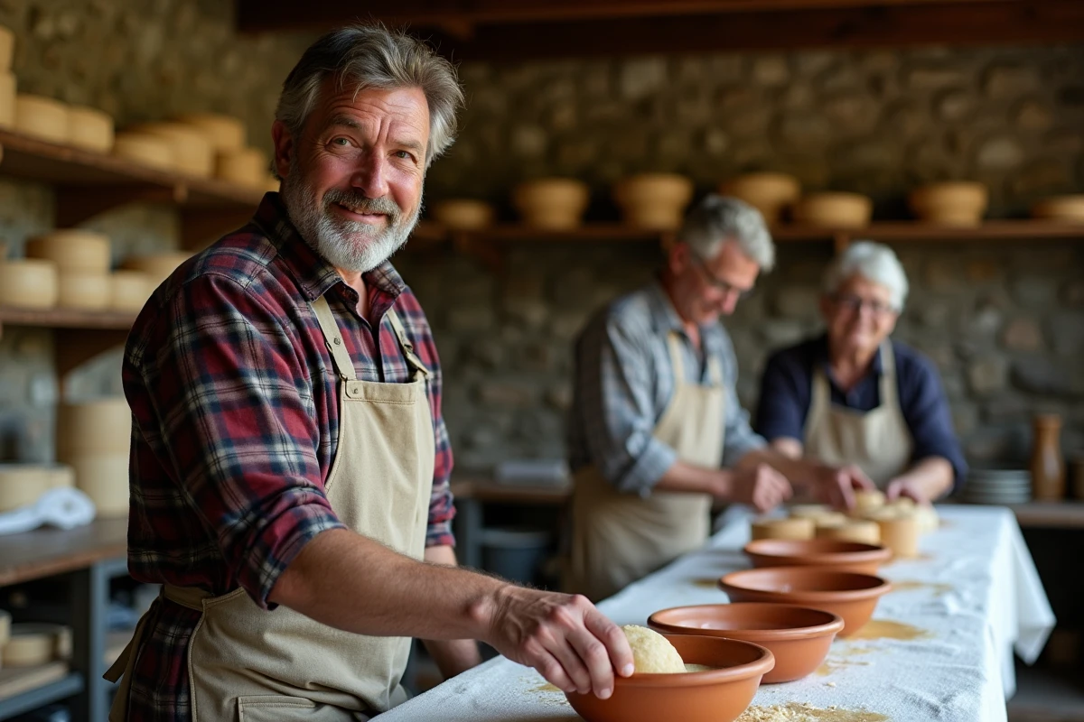 Atelier de fabrication de fromage animé par un fermier à la Ferme du Fays