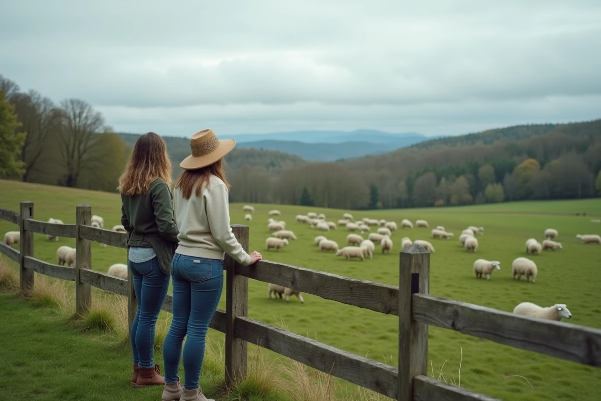 Deux visiteuses observant un troupeau de moutons dans les prairies de la Ferme du Fays