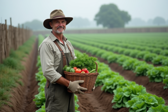 Fermeur dans un champ verdoyant avec panier de légumes