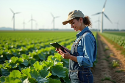 Fermière avec tablette dans champ moderne et vert