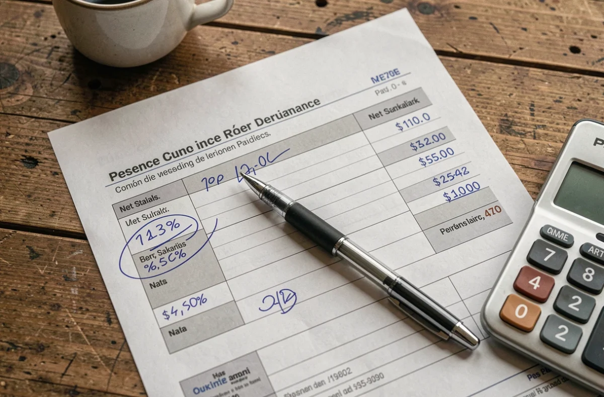 Fiche de paie d'un travailleur ESAT annotée avec des pourcentages de temps de travail, posée sur une table en bois avec stylo et calculatrice