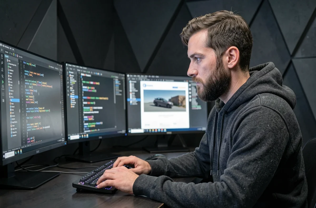 Développeur de l'agence Galadrim travaillant sur une interface web complexe dans un studio technologique moderne
