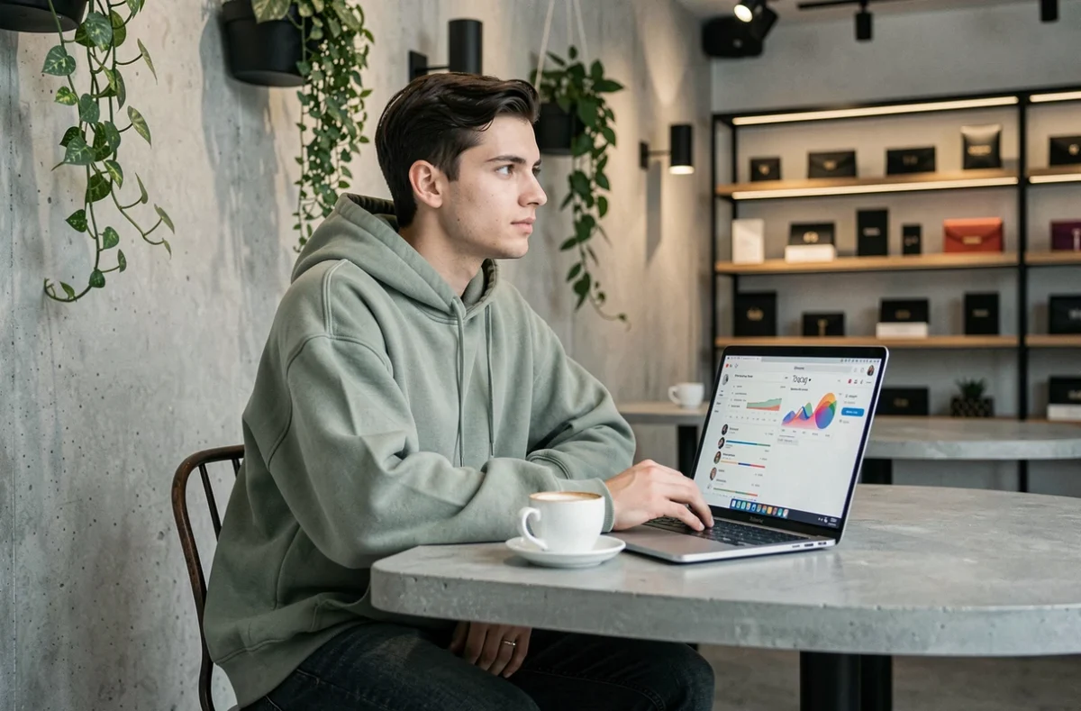 Jeune homme de la génération Z portant un sweat Dior dans un café concept store parisien avec un écran affichant des statistiques Instagram de marques de luxe LVMH