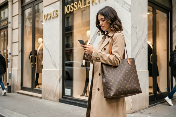 Jeune femme de la génération Z tenant un sac Louis Vuitton devant une boutique de luxe parisienne tout en naviguant sur Instagram