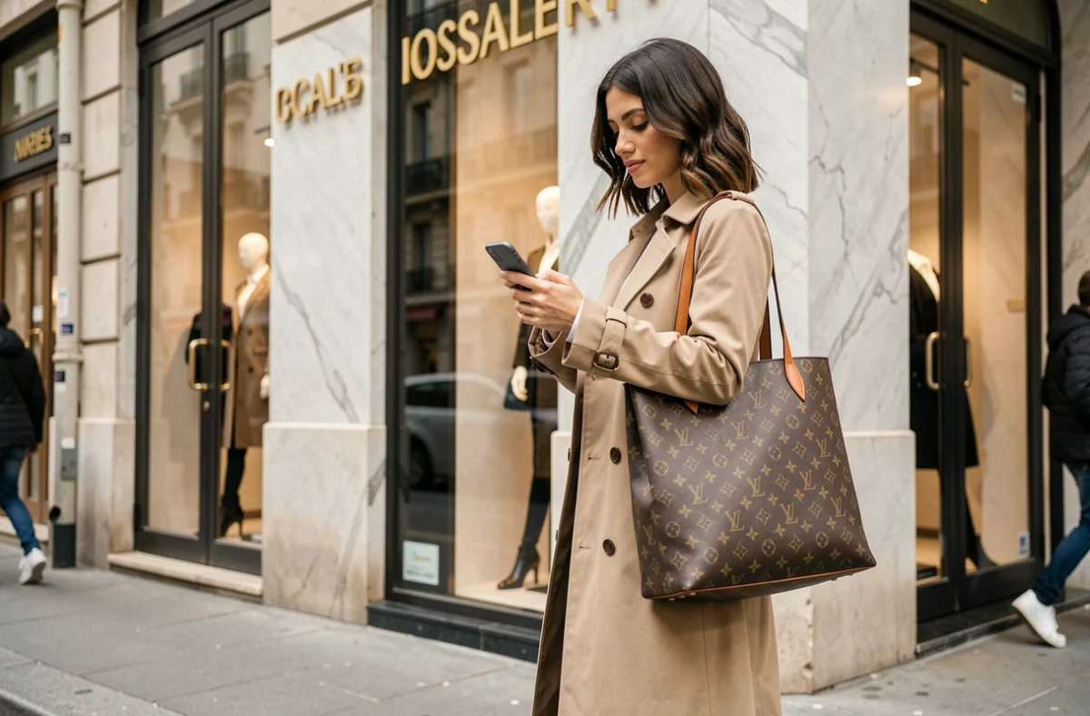 Jeune femme de la génération Z tenant un sac Louis Vuitton devant une boutique de luxe parisienne tout en naviguant sur Instagram