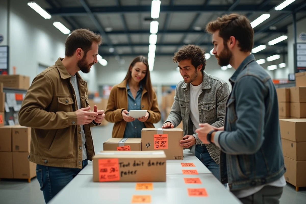 Groupe de clients autour d'une table de déstockage lors de la fermeture d'un magasin avec affichage tout doit partir