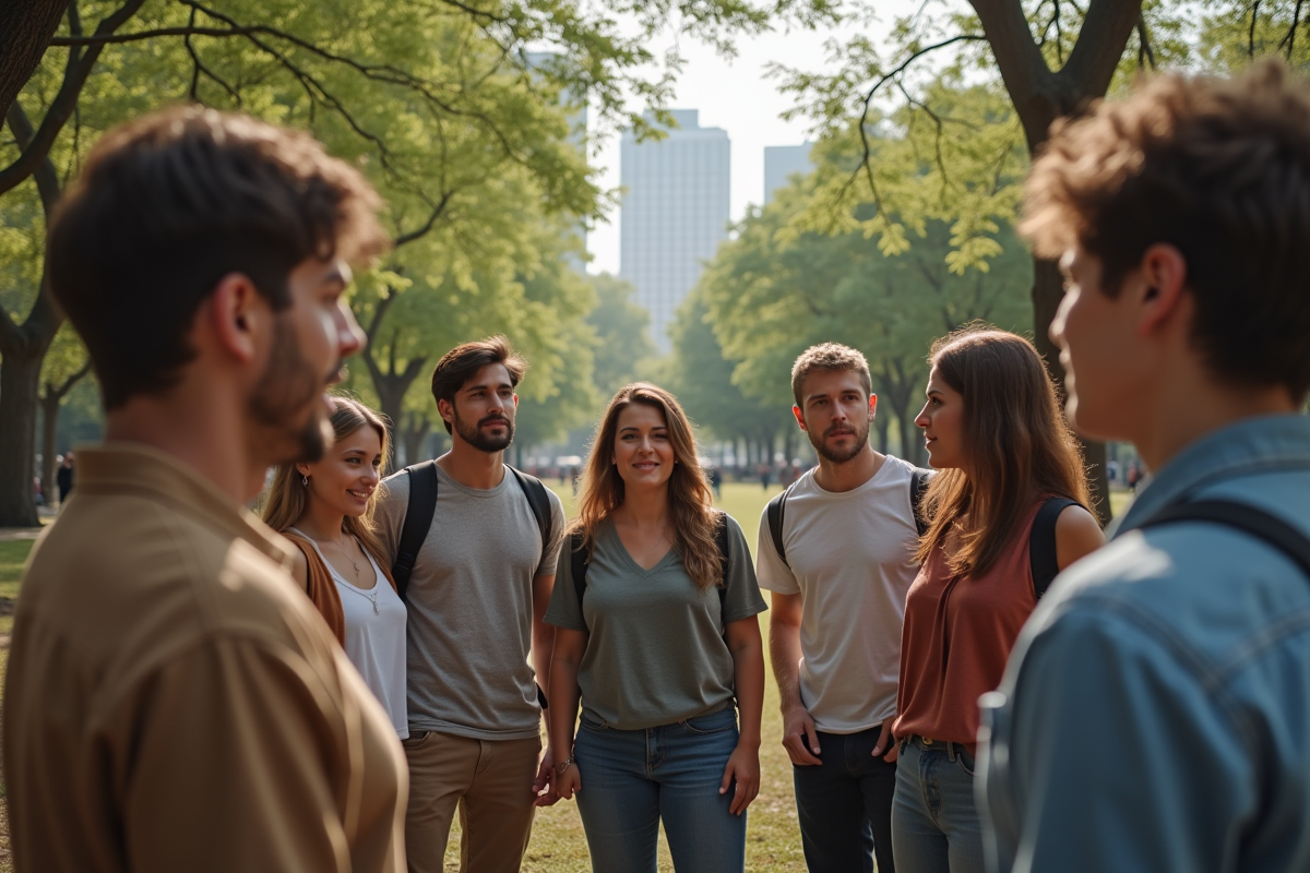 Jeunes adultes en cercle dans un parc urbain