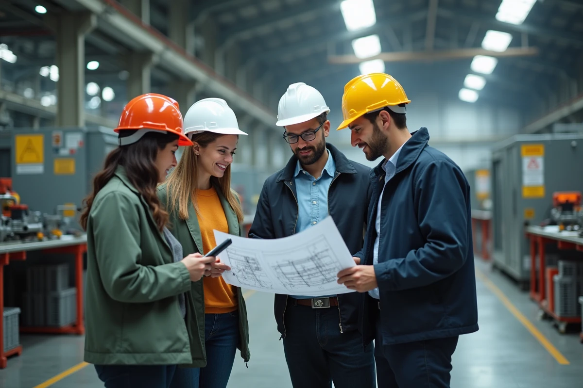Groupe de professionnels examinant plans dans une usine industrielle